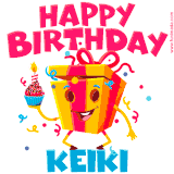 A vibrant and funny gift box character with a happy face dancing with a cupcake and the text 'Happy Birthday Keiki,' surrounded by animated confetti and party vibes.