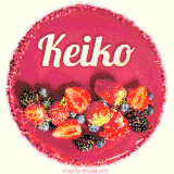 Beautifully decorated red velvet berry birthday cake with vibrant fruits and a glowing 'Keiko' name, adding a touch of sweetness and sparkle.
