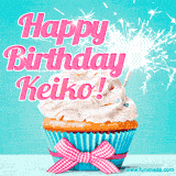 A festive cupcake with pink icing, a gingham bow, and a lit animated sparkler, paired with 'Happy Birthday Keiko!' in bright pink text.