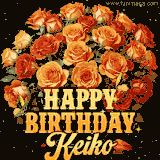 Animated bouquet of orange roses with moving butterfles and golden 'Happy Birthday Keiko' text, surrounded by sparkling accents and a dark backdrop for a luxurious feel.