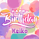 A vibrant name GIF featuring colorful balloons in shades of pink, orange, and yellow with the bold text 'Happy Birthday Keiko' in festive fonts, creating a lively birthday vibe.