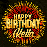 Golden 'Happy Birthday Keila' text accompanied by animated rainbow fireworks for a festive animated greeting.