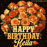 Animated bouquet of orange roses with moving butterfles and golden 'Happy Birthday Keila' text, surrounded by sparkling accents and a dark backdrop for a luxurious feel.