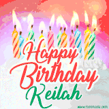 Bright birthday candles with rainbow flames on a cake, alongside the text 'Happy Birthday Keilah' in vibrant script in this celebratory animated GIF.