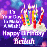 A colorful birthday GIF for Keilah featuring a cupcake with vibrant lit candles and the text 'It's Your Day to Make a Wish! Happy Birthday Keilah' in bold letters on a festive purple background.