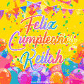 A bright and festive GIF with the text 'Feliz Cumpleaños Keilah' in Spanish in colorful fonts, surrounded by confetti, balloons, and festive banners on a vibrant yellow background.