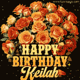 Animated bouquet of orange roses with moving butterfles and golden 'Happy Birthday Keilah' text, surrounded by sparkling accents and a dark backdrop for a luxurious feel.