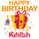 A vibrant and funny gift box character with a happy face dancing with a cupcake and the text 'Happy Birthday Keilah,' surrounded by animated confetti and party vibes.