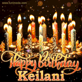 A glowing personalized birthday GIF with name Keilani featuring lit candles with intricate designs, warm lighting, and the text 'Happy Birthday' in an elegant font.