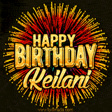 Golden 'Happy Birthday Keilani' text accompanied by animated rainbow fireworks for a festive animated greeting.