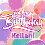 A vibrant name GIF featuring colorful balloons in shades of pink, orange, and yellow with the bold text 'Happy Birthday Keilani' in festive fonts, creating a lively birthday vibe.