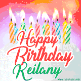 Bright birthday candles with rainbow flames on a cake, alongside the text 'Happy Birthday Keilany' in vibrant script in this celebratory animated GIF.