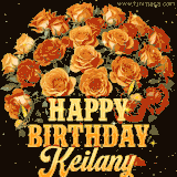 Animated bouquet of orange roses with moving butterfles and golden 'Happy Birthday Keilany' text, surrounded by sparkling accents and a dark backdrop for a luxurious feel.