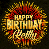 Golden 'Happy Birthday Keilly' text accompanied by animated rainbow fireworks for a festive animated greeting.
