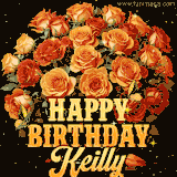 Animated bouquet of orange roses with moving butterfles and golden 'Happy Birthday Keilly' text, surrounded by sparkling accents and a dark backdrop for a luxurious feel.
