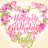 A stunning heart made of pink roses surrounds the elegant script text 'Happy Birthday Keilly' on a soft beige background. Animated sparkles add a magical and festive feel.