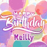 A vibrant name GIF featuring colorful balloons in shades of pink, orange, and yellow with the bold text 'Happy Birthday Keilly' in festive fonts, creating a lively birthday vibe.