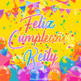A bright and festive GIF with the text 'Feliz Cumpleaños Keily' in Spanish in colorful fonts, surrounded by confetti, balloons, and festive banners on a vibrant yellow background.