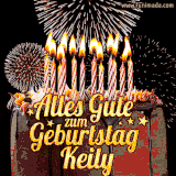 A chocolate birthday cake with glowing candles, the German text 'Alles Gute zum Geburtstag Keily,' and vibrant fireworks lighting up the background in an animated GIF.