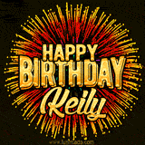 Golden 'Happy Birthday Keily' text accompanied by animated rainbow fireworks for a festive animated greeting.