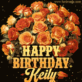 Animated bouquet of orange roses with moving butterfles and golden 'Happy Birthday Keily' text, surrounded by sparkling accents and a dark backdrop for a luxurious feel.