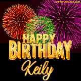 A golden 'Happy Birthday Keily' message with vibrant fireworks in the background, creating a festive and celebratory vibe in this animated name GIF.