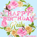 A charming animated GIF featuring 'Happy Birthday Keily' in pink and green text, surrounded by delicate roses, leaves, and fluttering butterflies on a soft light blue pastel background.