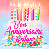 A white birthday cake covered in colorful sprinkles, topped with bright candles, and French text 'Bon Anniversaire Keilyn' on a pastel gradient background in an animated GIF.