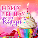 A vibrant birthday GIF featuring a rainbow-colored cupcake topped with white frosting, sprinkles, and a lit candle. The text reads 'Happy Birthday Keilyn' in bold pink and violet letters with white outline.