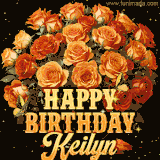 Animated bouquet of orange roses with moving butterfles and golden 'Happy Birthday Keilyn' text, surrounded by sparkling accents and a dark backdrop for a luxurious feel.