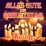 An animated GIF featuring 'Alles Gute Zum Geburtstag Keion' in glowing red and gold letters above a cake with colorful lit candles, set against a festive sparkling background.