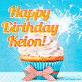 A cheerful animated GIF of a cupcake with creamy frosting, a red checkered ribbon, and a bright sparkler on top. The text 'Happy Birthday Keion!' is displayed in vibrant orange and red.