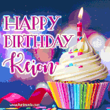 A festive animated GIF featuring a colorful cupcake with a single lit candle, sprinkles, and 'Happy Birthday Keion' text against a sparkling, celebratory background.