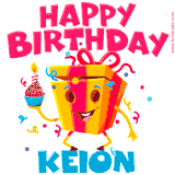A funny animated birthday GIF with the words 'Happy Birthday Keiona', colorful gift box with arms and legs, holding a cupcake with a lit candle  with confetti everywhere.