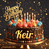Close-up of a decorative chocolate cake with a gold Happy Birthday topper and warm glowing candle flames, made for Keir.