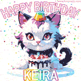 Cute cosmic cat with a birthday cake for Keira surrounded by a shimmering array of rainbow stars