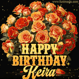 Animated bouquet of orange roses with moving butterfles and golden 'Happy Birthday Keira' text, surrounded by sparkling accents and a dark backdrop for a luxurious feel.