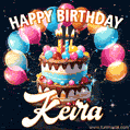 Hand-drawn happy birthday cake adorned with an arch of colorful balloons - name GIF for Keira