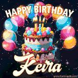 Bright birthday animation for Keira with a chocolate cake, candles, balloons, and glowing celebratory lights.