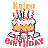 Cartoon birthday cake with a red bow, glowing candles, and 'Keira Happy Birthday' text in bold animated style.