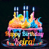 A mesmerizing animated cake with multicolor frosting and candles, and the words 'Happy Birthday Keira' on the black background.