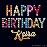 Vibrant luxury birthday greeting card for Keira, showing glittering gemstone letters and golden calligraphy on a dark background with twinkling shine effects.