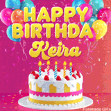 Pink-themed animated greeting with balloons, confetti, and a frosted cake under the message 'Happy Birthday Keira' in bold rounded yellow font.