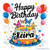 An animated birthday card for Keira. It features a festive cake with her name, 'Keira', and colorful butterflies. Floating balloons and hearts complete the joyful scene.