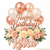 Beautiful pink and peach roses with gently moving Happy Birthday Keira text