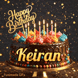A customized birthday ecard for Keiran displaying a rich chocolate cake with a sparkly dark background.