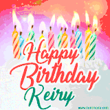 Bright birthday candles with rainbow flames on a cake, alongside the text 'Happy Birthday Keiry' in vibrant script in this celebratory animated GIF.