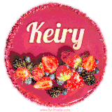 Beautifully decorated red velvet berry birthday cake with vibrant fruits and a glowing 'Keiry' name, adding a touch of sweetness and sparkle.