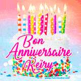 A white birthday cake covered in colorful sprinkles, topped with bright candles, and French text 'Bon Anniversaire Keiry' on a pastel gradient background in an animated GIF.