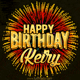 Golden 'Happy Birthday Keiry' text accompanied by animated rainbow fireworks for a festive animated greeting.